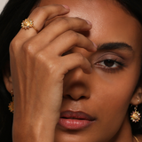 A model elegantly wearing the Vibrant Self Multi Stone Lotus Ring, highlighting its beauty as a significant spiritual jewelry piece. This ring complements a meditation practice, serving as a meaningful talisman for protection and personal growth in yoga.