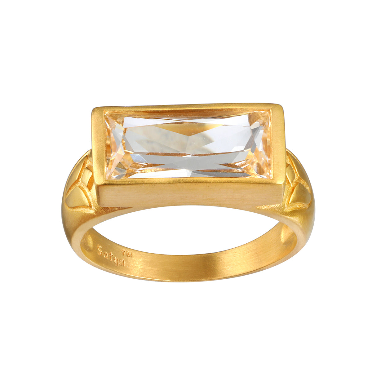 Eternal Radiance White Topaz Ring featuring a brilliant faceted white topaz on an 18kt gold plated band. This spiritual jewelry piece embodies individuality and creativity, perfect for meditation and as a talisman. Its design is meaningful for those seeking protection and alignment with the sun and moon energies, making it ideal for yoga practitioners and those focused on manifestation.