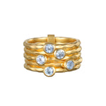 Abundant Prosperity Blue Topaz Ring, an eye-catching piece with five sparkling blue topaz stones set in 18kt gold plated bands, symbolizes communication and abundance. Ideal for spiritual jewelry practices such as meditation, manifestation, and as a protective talisman in yoga and zodiac rituals.