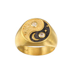 Celestial Balance Yin Yang White Topaz Ring, an 18kt gold plated piece symbolizing harmony between the sun and moon, embodying spiritual jewelry for meditation and manifestation with protective qualities. This meaningful talisman aligns with zodiac energies, perfect for yoga enthusiasts.