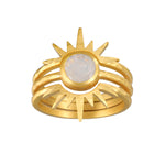 Light Seeker Moonstone Starburst Nested Ring Set showcasing a beautiful design with a luminous moonstone centerpiece, perfect for those seeking spiritual jewelry, meditation, and protection, while adding a meaningful touch to your look.