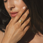 A model wearing the Light Seeker Moonstone Starburst Nested Ring Set, highlighting the elegant gold rings featuring moonstone, embodying spiritual meaning, ideal for yoga practitioners and those drawn to talismans and zodiac energies.