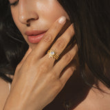A model wearing the Light Seeker Moonstone Starburst Nested Ring Set, highlighting the elegant gold rings featuring moonstone, embodying spiritual meaning, ideal for yoga practitioners and those drawn to talismans and zodiac energies.