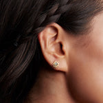 Close-up of Light Seeker Labradorite Starburst Earrings worn as a stunning addition to spiritual jewelry. These earrings feature a north star design with labradorite, symbolizing imagination and truth, ideal for meditation and expression of personal charms in yoga and meaningful practices.