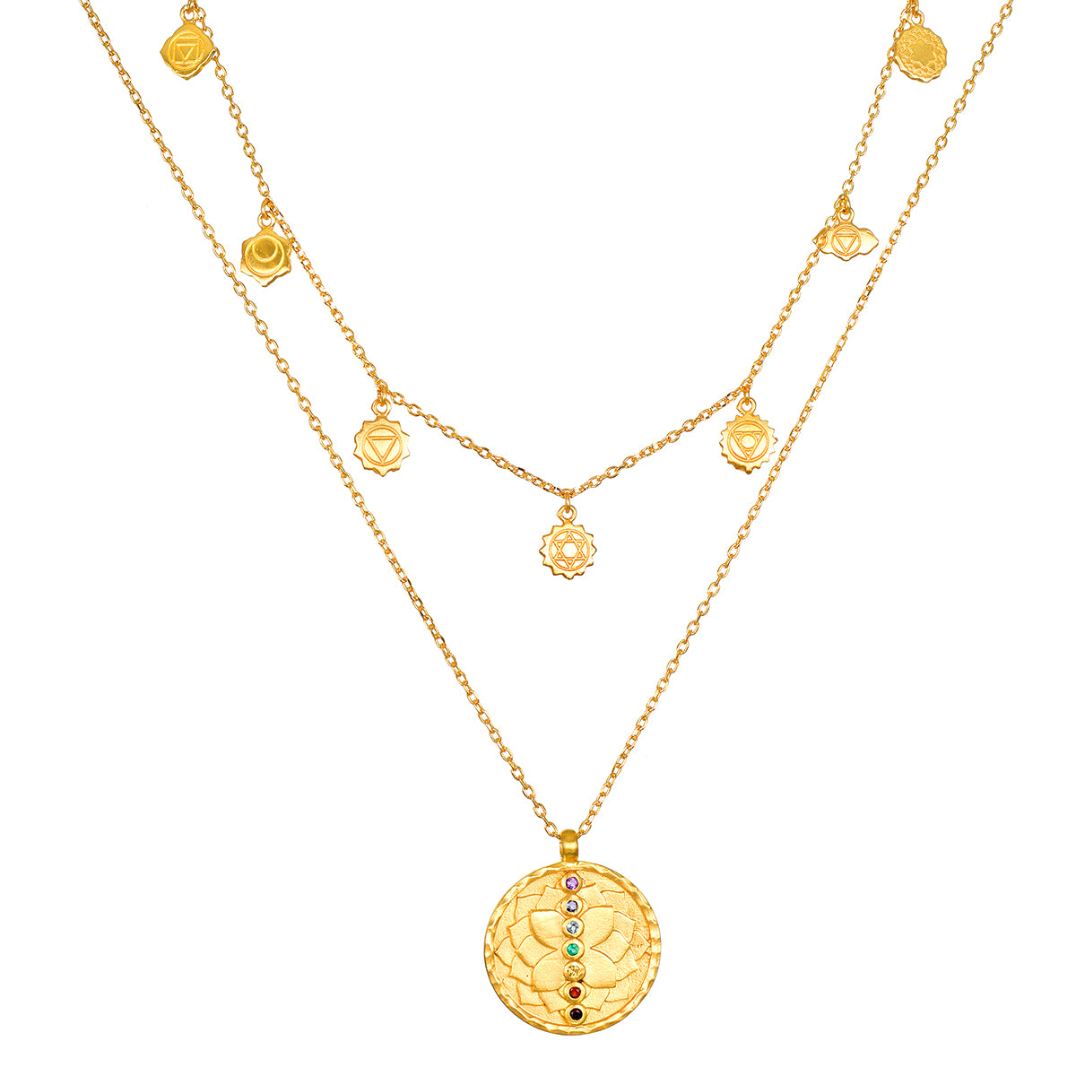 Intention of Balance Necklace Set featuring a layered design with chakra symbols and healing gemstones, ideal for meditation and spiritual practices. This beautiful spiritual jewelry serves as a talisman for balance and manifestation, enhancing your yoga experience with its meaningful representation of harmony and protection.