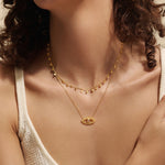 Model wearing the Intention of Protection Necklace Set, featuring a chic multi coin charm choker and an eye pendant necklace, symbolizing spiritual jewelry and protection during meditation.