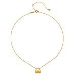 Gold-tone chain necklace with small rectangular evil eye pendant featuring white topaz and adjustable clasp.