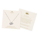 The presentation card for the Elephant Love Silver Necklace, explaining its connection to the Save Elephant Foundation. This piece embodies the spirit of spiritual jewelry, offering protection and meaningful support for the cause.