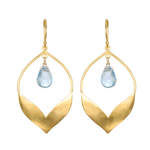 Transformed by Compassion Lotus Blue Topaz Earrings showcasing a beautiful 18kt gold plated design resembling lotus petals, symbolizing new beginnings and full potential. These earrings, featuring blue topaz drops, are perfect for those seeking spiritual jewelry and meditation tools that convey meaningful insights related to protection and manifestation.