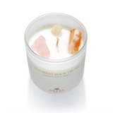 Close-up of the Manifest Your Truth Intention Candle by Satya Jewelry, showcasing Rose Quartz, Citrine, and Crystal Quartz for spiritual clarity. Ideal for meditation and as a talisman for zodiac signs, enhancing your charm and meaningful rituals.