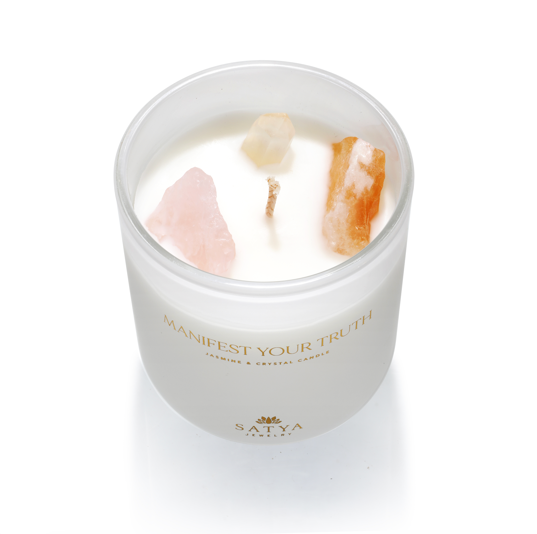 Close-up of the Manifest Your Truth Intention Candle by Satya Jewelry, showcasing Rose Quartz, Citrine, and Crystal Quartz for spiritual clarity. Ideal for meditation and as a talisman for zodiac signs, enhancing your charm and meaningful rituals.