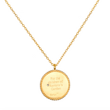 Joyful Beginnings Necklace featuring an 18kt gold plated pendant engraved with the words 'For the children of Ramana's Garden', symbolizing new beginnings and potential. This spiritual jewelry is perfect for meditation and serves as a meaningful talisman, ideal for yoga and manifestation practices. It embodies the essence of protection, charm, and the connection to the sun and moon symbolism.