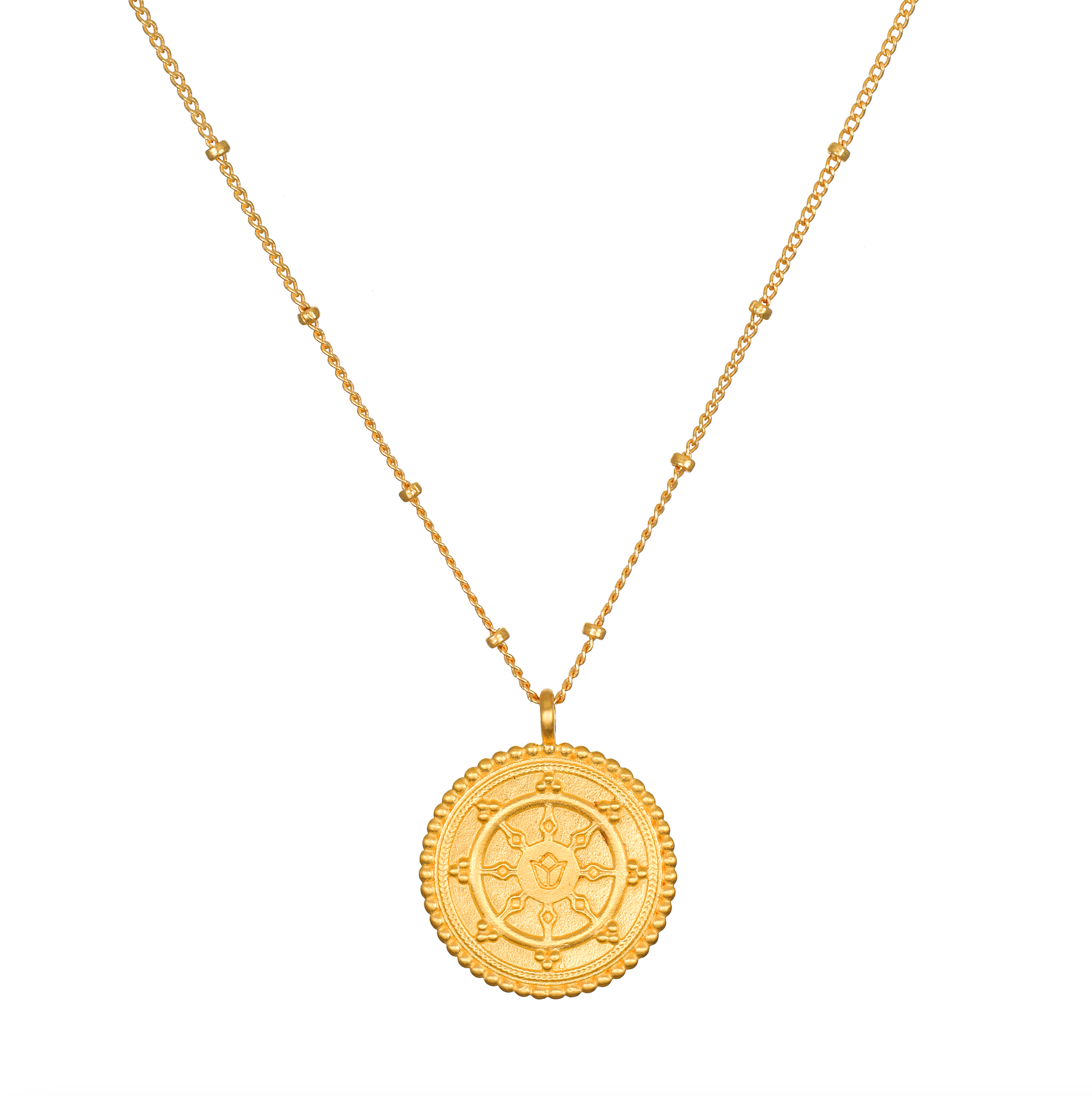 Pathway to Love Necklace in gold featuring a delicate lotus flower and Tibetan Wheel of Life pendant. This spiritual jewelry promotes meditation, embodying a talisman for zodiac signs and enhancing spiritual practices like yoga, offering protection and manifestation purpose.
