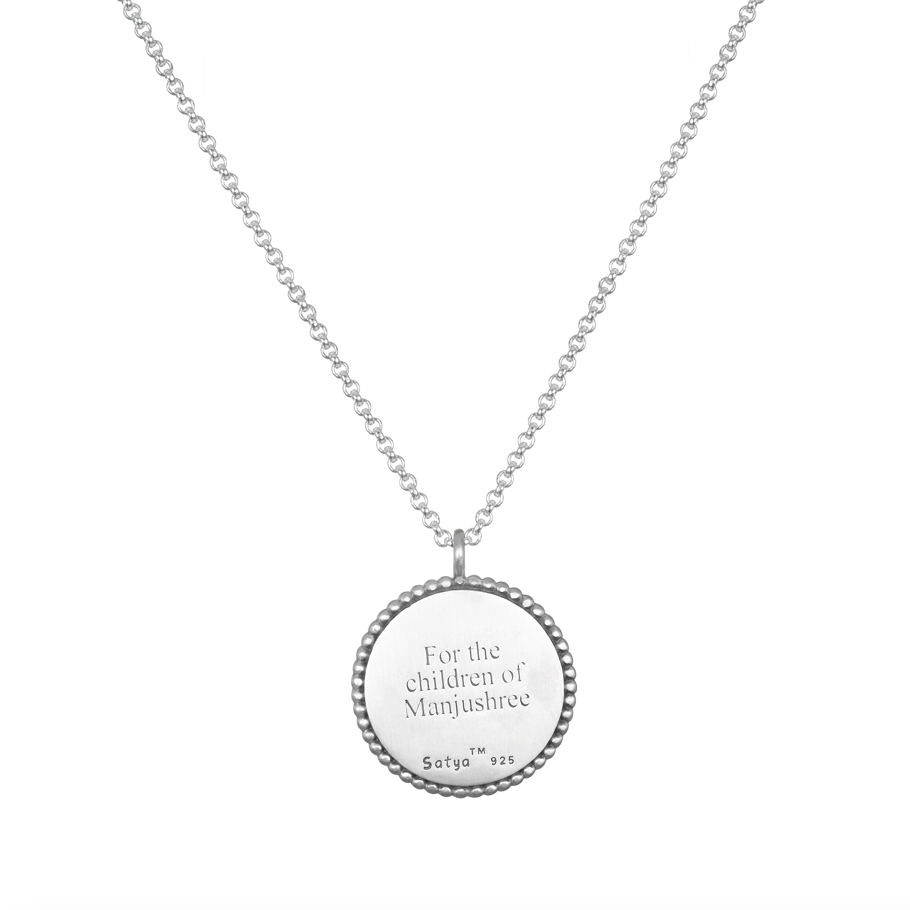 Pathway to Love Necklace in silver engraved with a message for the children of Manjushree, symbolizing compassion. This spiritual jewelry combines the meaning of a talisman with spiritual practices, enhancing meditation and yoga experiences.