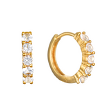 Gold hoop earrings with clear gemstones on a white background