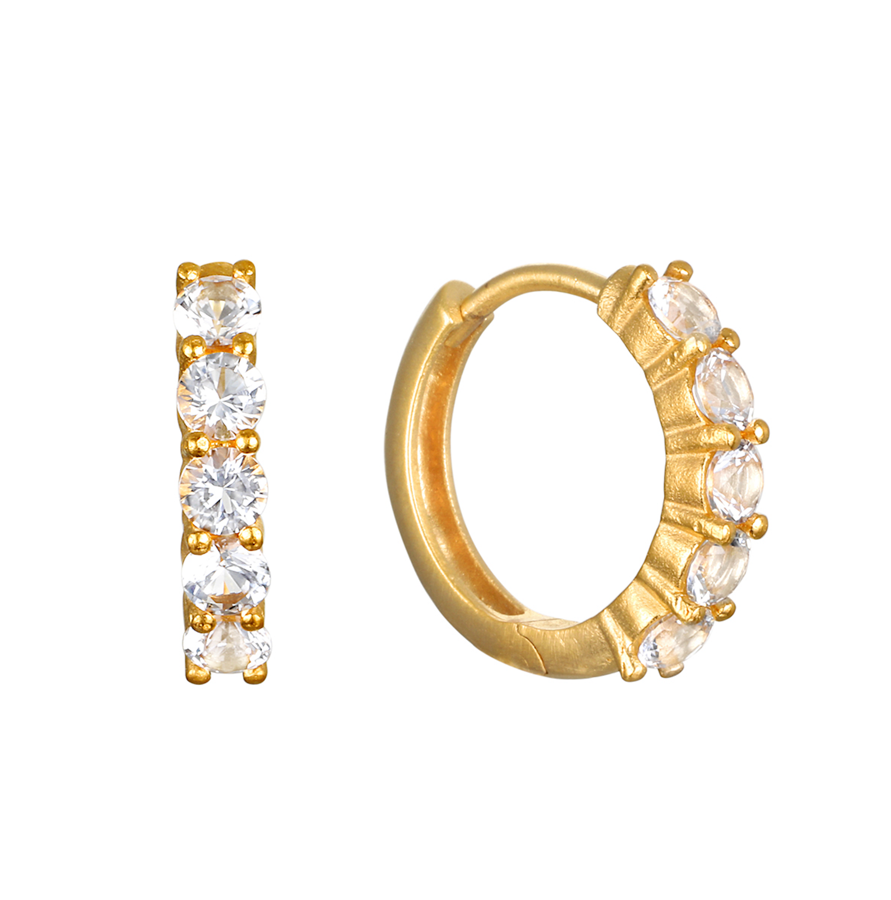 Gold hoop earrings with clear gemstones on a white background