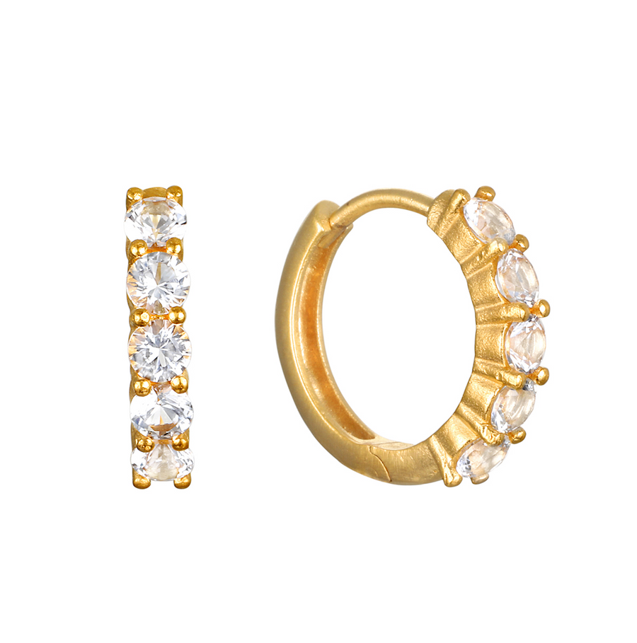 Gold hoop earrings with clear gemstones on a white background