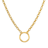 Gold chain necklace with circular pendant holder centered on chain.