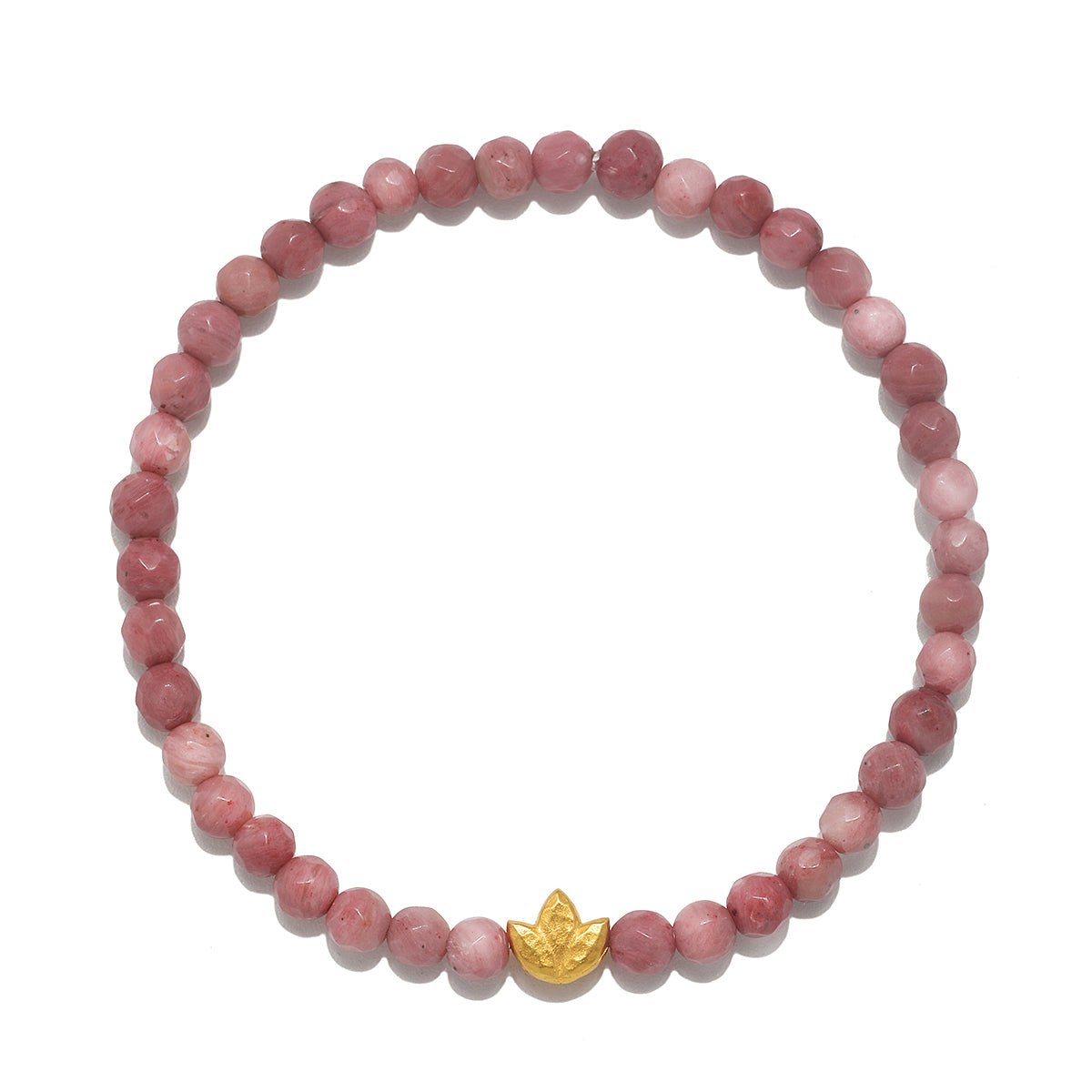 Healing Journey Rhodonite Stretch Bracelet featuring beautifully faceted rhodonite beads with a golden lotus flower accent, symbolizing new beginnings and spiritual growth. Ideal for meditation, this piece serves as a meaningful talisman for protection and manifestation, connecting the wearer to their inner journey and enhancing their yoga practice.
