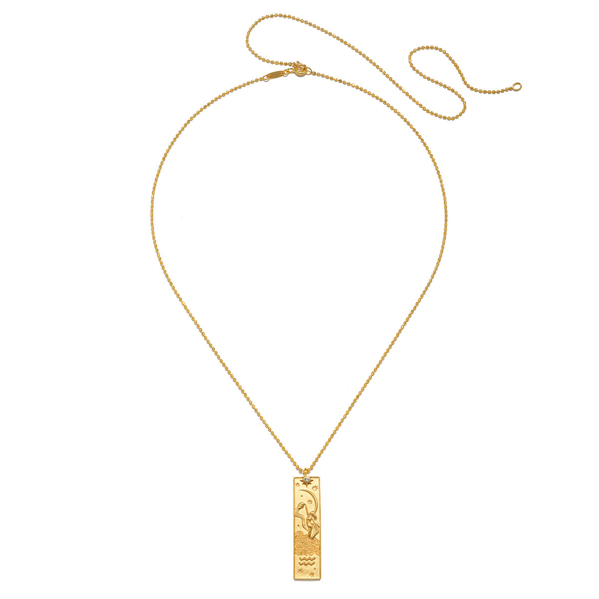 The Story of Aquarius Zodiac Necklace, displayed to reveal its beautiful pendant and chain details. This meaningful spiritual jewelry piece serves as a talisman for those who resonate with the Aquarius zodiac, merging the energies of manifestation, protection, and the harmonious balance of the sun and moon.