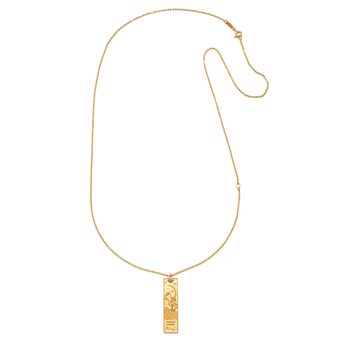 The Story of Aquarius Zodiac Necklace laid out elegantly, showcasing its intricate pendant design. This spiritual jewelry piece doubles as a protective talisman, embodying the zodiac sign and encouraging individuals on their yoga and meditation journeys towards self-actualization and creativity.