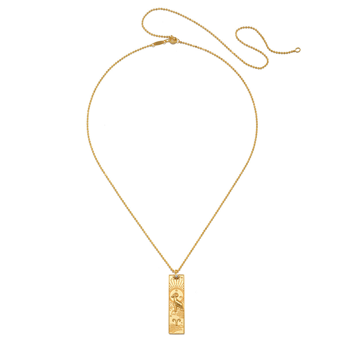The Story of Aries Zodiac Necklace displayed elegantly, showcasing its adjustable length and beautiful craftsmanship in 18kt gold plating. This spiritual piece embodies the essence of zodiac energies, making it a perfect addition to any malas collection.
