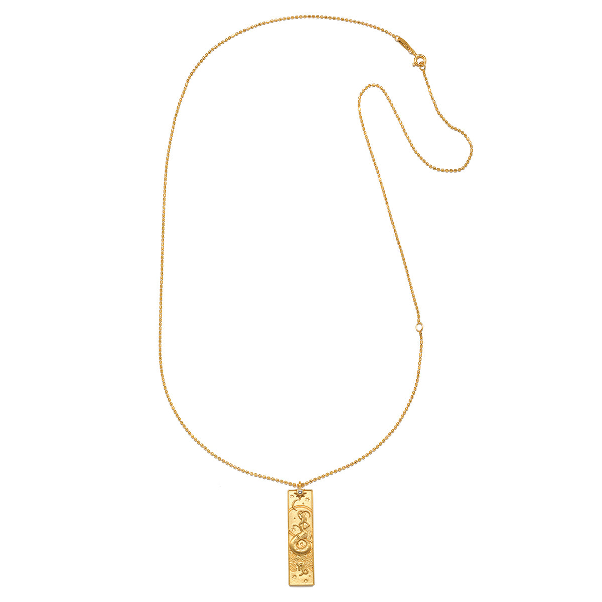 The Story of Capricorn Zodiac Necklace showcased with its adjustable features, symbolizing the integration of spiritual and zodiac themes, ideal for those interested in yoga and personal protection.
