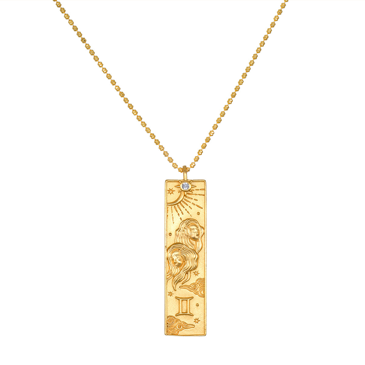 The Story of Gemini Zodiac Necklace featuring intricate design with the Gemini symbol, a beautiful talisman representing duality and collaboration in spiritual jewelry for meditation and manifestation.