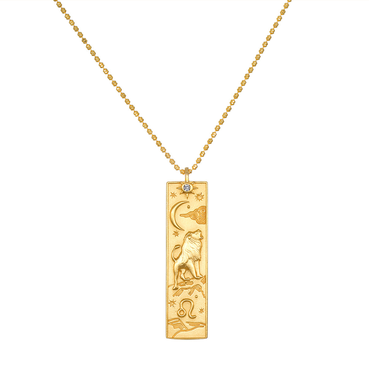 The Story of Leo Zodiac Necklace featuring a beautifully designed pendant with a lion, crescent moon, and stars, symbolizing leadership and creativity in spiritual jewelry. Perfect for meditation, this talisman represents the Leo zodiac sign and is ideal for yoga enthusiasts seeking meaningful pieces for manifestation.