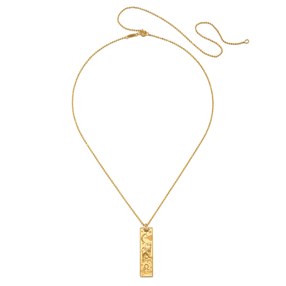 Story of Leo Zodiac Necklace featuring an intricately designed pendant in 18kt gold plating. This spiritual jewelry embodies meditation and serves as a talisman for those born under the Leo sign. Perfect for yoga enthusiasts, it resonates with the spiritual meanings behind the sun and moon. A beautiful piece for manifestation and protection.