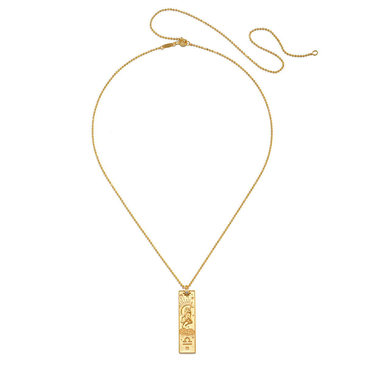 Story of Libra Zodiac Necklace showcasing a delicate design in 18kt gold plating, adorned with a white topaz gemstone symbolizing individuality and creativity, perfect for spiritual jewelry, meditation, and as a talisman for harmony. This piece reflects the zodiac's meaningful connection to the sun, moon, and personal manifestation.