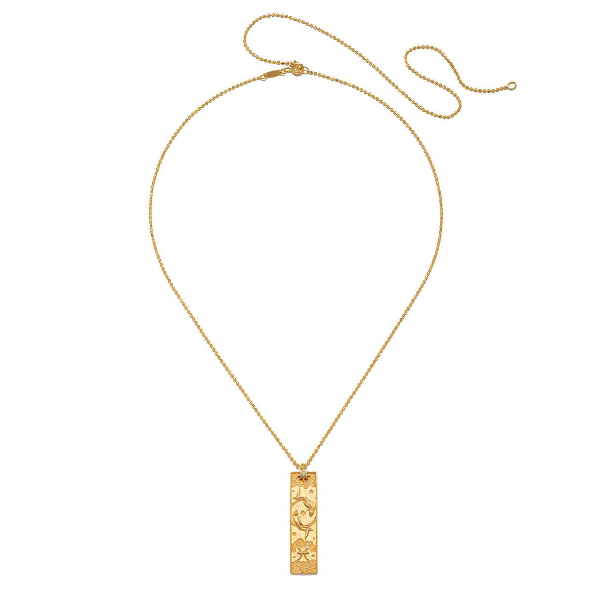 Beautiful Story of Pisces Zodiac Necklace featuring intricate design in 18kt gold plating, perfect for spiritual jewelry and meditation enthusiasts. This necklace serves as a meaningful talisman representing the Pisces zodiac sign, embodying charm and protection, ideal for yoga and manifestation practices.