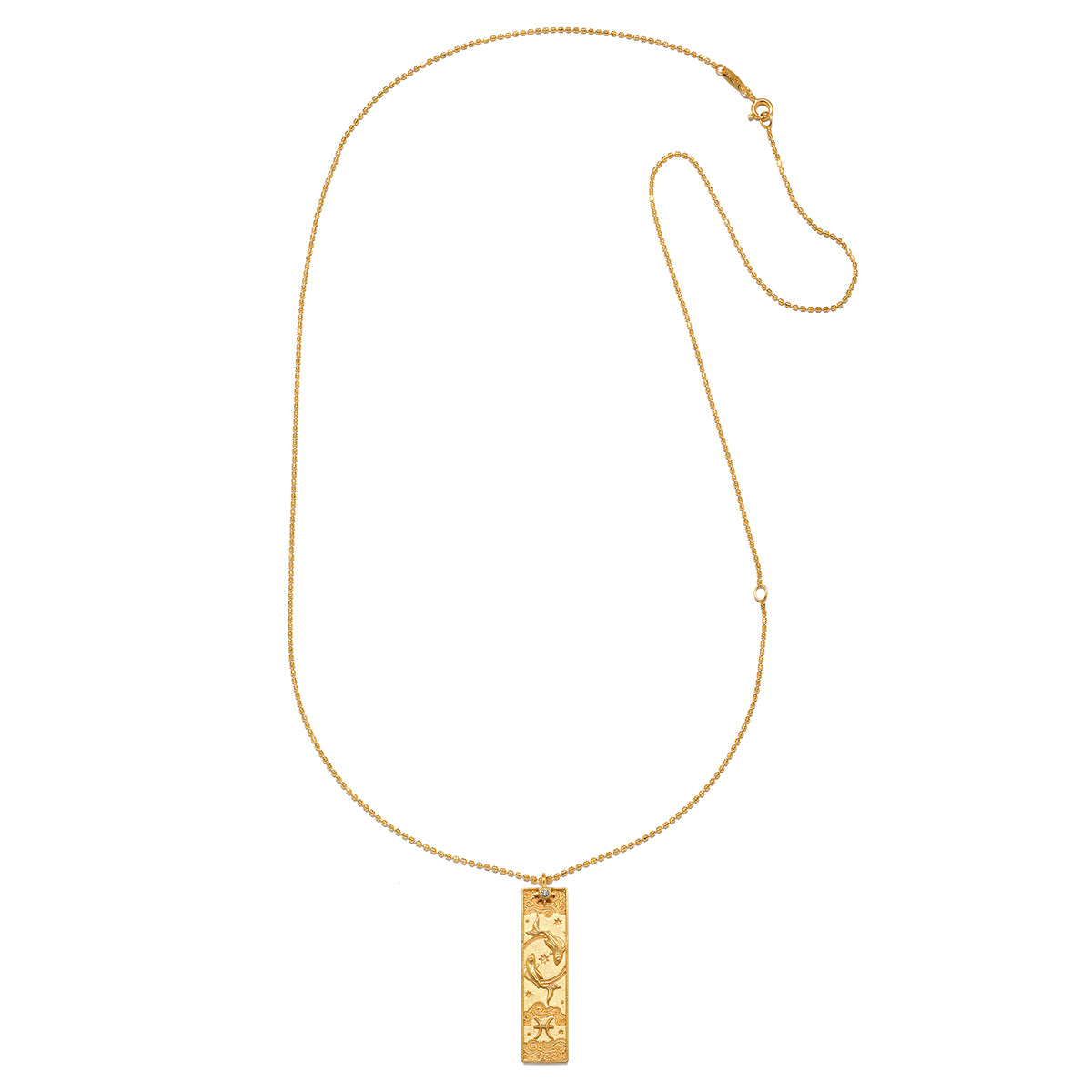 Elegant Story of Pisces Zodiac Necklace, showcasing a detailed pendant in gold plating, designed for those who seek spiritual jewelry with meaning. This piece acts as a talisman for the Pisces zodiac, enhancing protections and supporting meditation and yoga sessions.