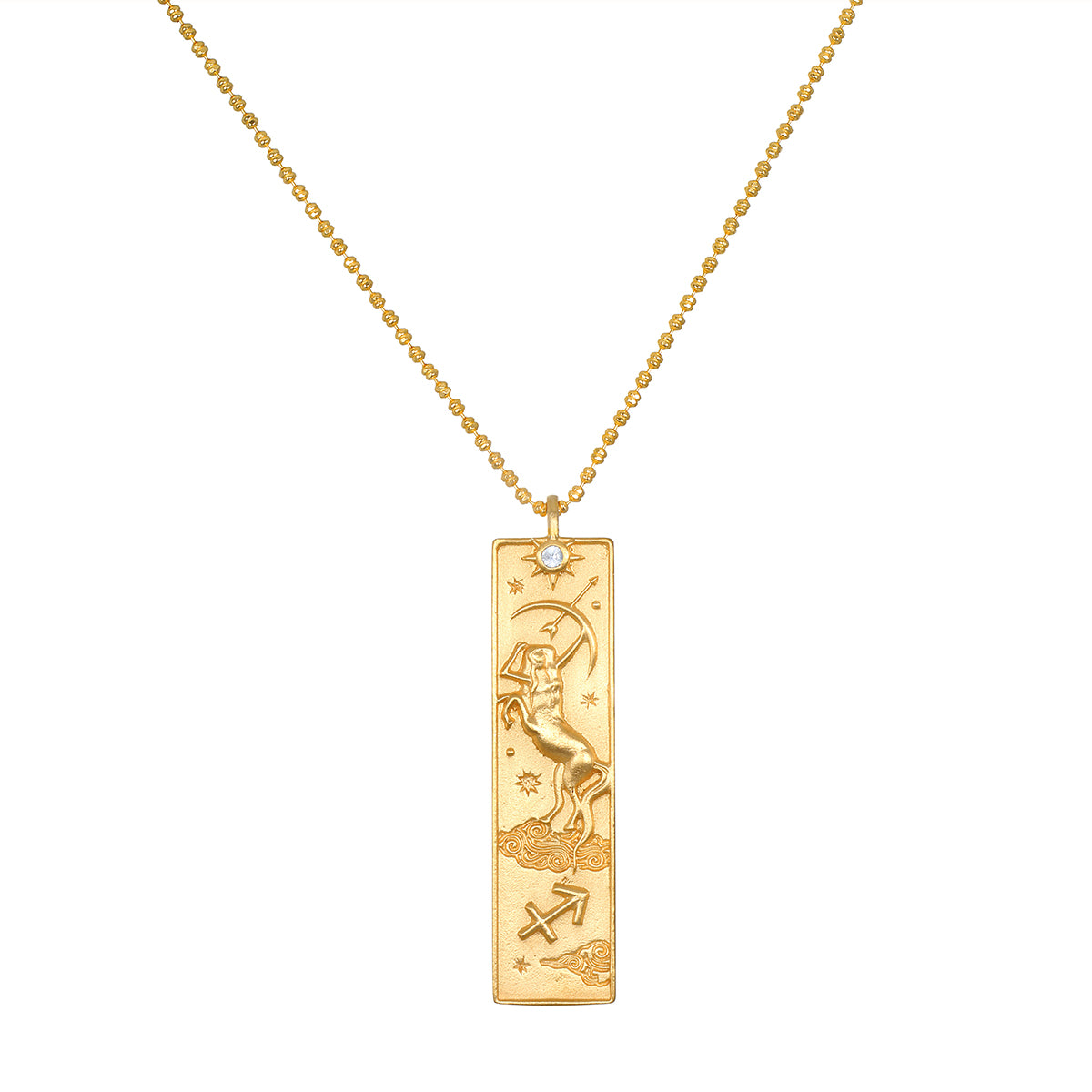 The Story of Sagittarius Zodiac Necklace featuring an intricate design of the Archer, symbolizing spiritual growth. This 18kt gold plated jewelry embodies spiritual meaning, making it a perfect talisman for meditation and manifestation. Ideal for yoga enthusiasts, this piece resonates with the energy of the sun, moon, and zodiac.