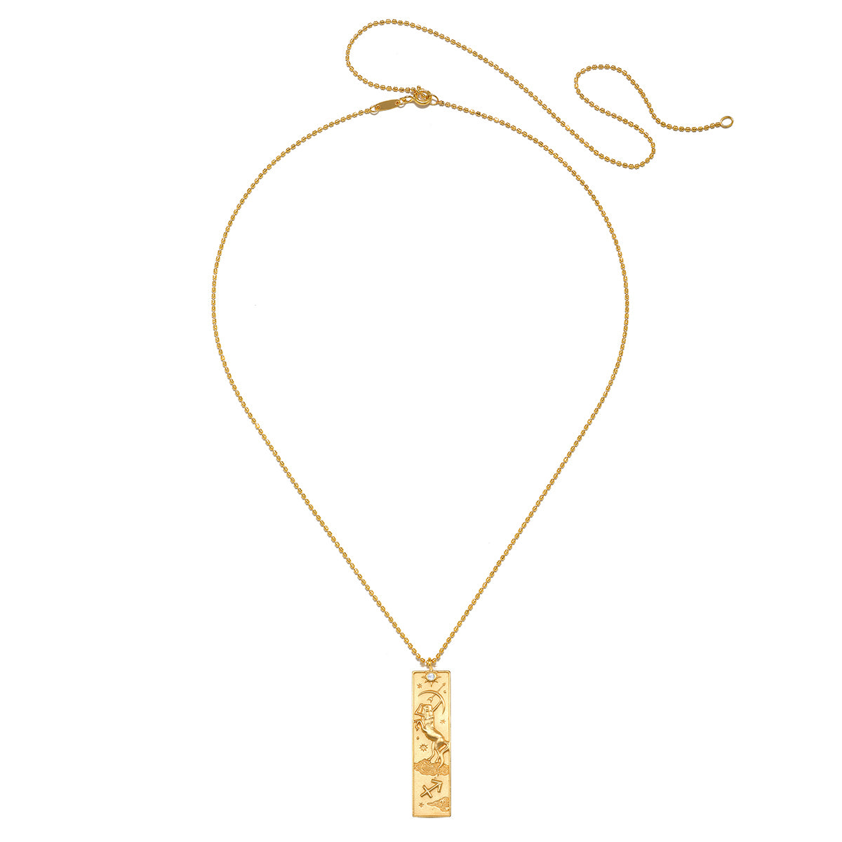 Story of Sagittarius Zodiac Necklace featuring an 18kt gold plated pendant symbolizing the fire sign Sagittarius. This spiritual jewelry piece serves as a meaningful talisman for individuals exploring their zodiac identity. With its connection to meditation and the zodiac's celestial guidance, this necklace embodies protection and essence of the sun and moon, making it perfect for yoga practitioners and those interested in spiritual manifestation.