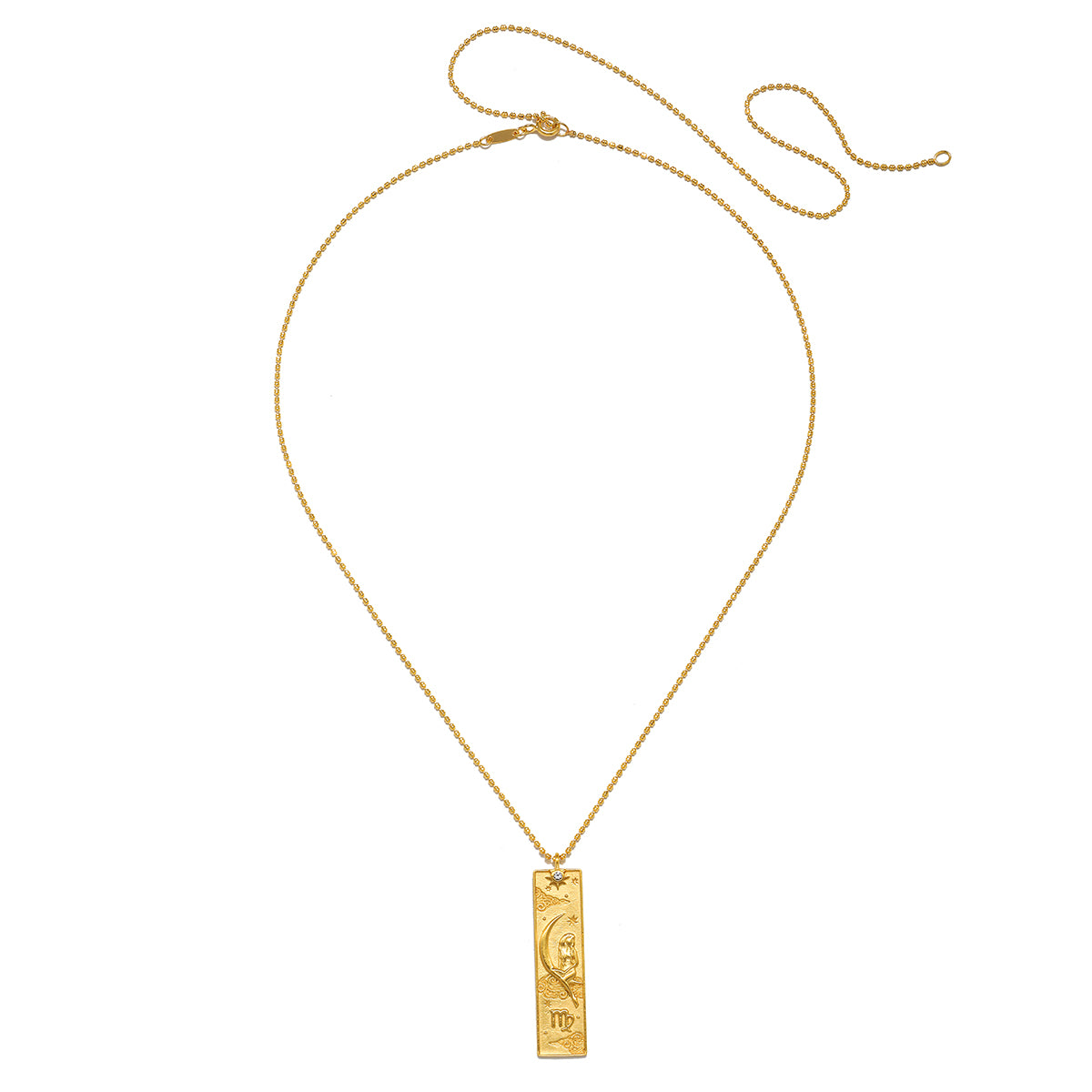 Story of Virgo Zodiac Necklace featuring a beautiful design with a golden finish. This spiritual jewelry captures the essence of Virgo, incorporating elements of the sun and moon, perfect for meditation and manifestation. Wear it as a meaningful talisman that aligns with your zodiac sign, ideal for yoga practices and a reminder of protection and spiritual connection.