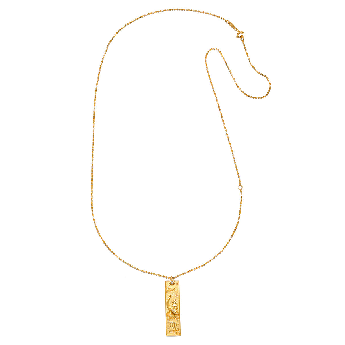 Close-up view of the Story of Virgo Zodiac Necklace highlighting its elegant gold plating and intricate Virgo symbol design. This spiritual jewelry is not just a fashion statement; it’s a talisman for meditation and meaning, celebrating the zodiac's influence on personal growth and awareness, perfect for yoga enthusiasts and those seeking spiritual protection.
