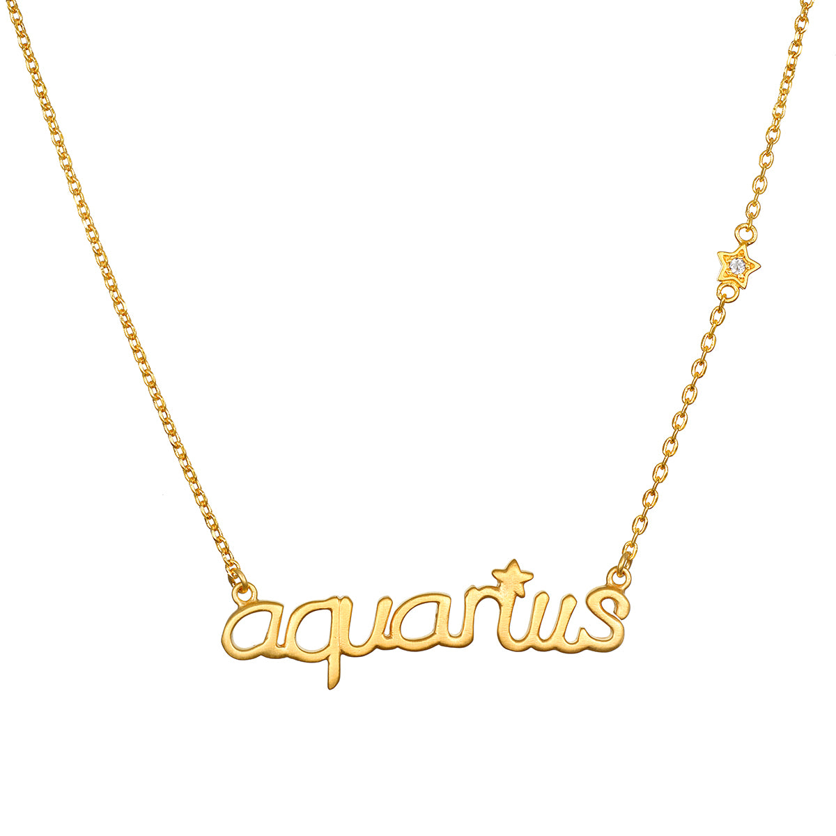 Aquarius Vision Zodiac Script Necklace designed in 18k gold plate over brass, symbolizing originality and intuition. Ideal spiritual jewelry for meditation and manifestation, this necklace serves as a meaningful talisman inspired by the zodiac. Perfect for those who appreciate yoga and seek protection through spiritual connection.