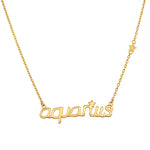 Aquarius Vision Zodiac Script Necklace designed in 18k gold plate over brass, symbolizing originality and intuition. Ideal spiritual jewelry for meditation and manifestation, this necklace serves as a meaningful talisman inspired by the zodiac. Perfect for those who appreciate yoga and seek protection through spiritual connection.