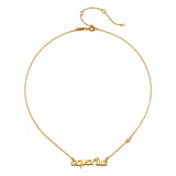 The Aquarius Vision Zodiac Script Necklace featuring the word 'aquarius' in elegant gold plating. This piece of spiritual jewelry embodies the essence of the Aquarius zodiac, serving as a beautiful talisman for meditation and meaningful protection, enhancing one's connection to the sun, moon, and the universe.