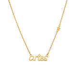 Aries Courage Zodiac Script Necklace showcasing a delicate design, perfect for spiritual jewelry and meditation. This talisman evokes the energy of the zodiac, embodying protection, manifestation, and meaning for yoga enthusiasts.