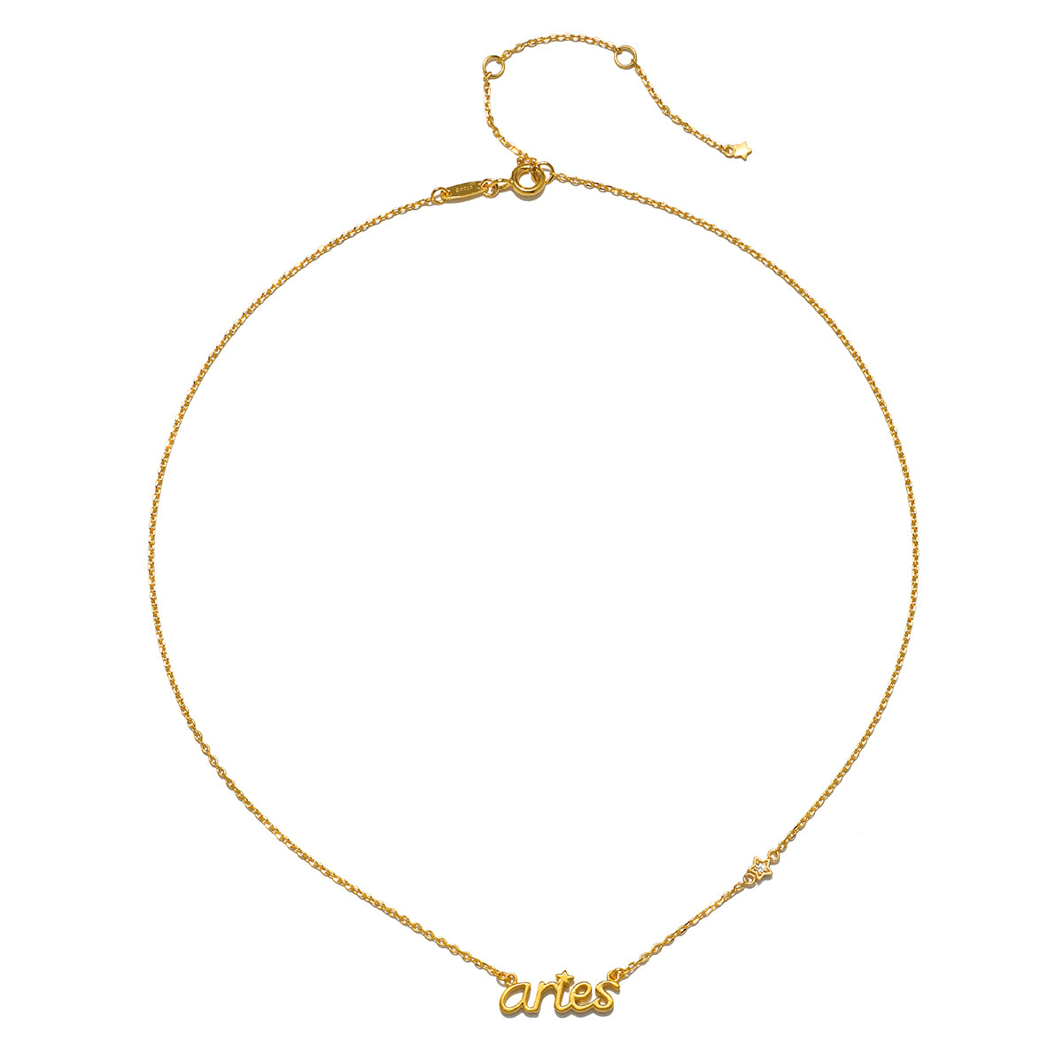 The Aries Courage Zodiac Script Necklace, displayed in a simple yet elegant manner, ideal for those seeking spiritual jewelry. This piece embodies the essence of zodiac energy with a focus on manifestation and meaningful intentions.