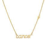 Cancer Nurture Zodiac Script Necklace beautifully crafted in 18k gold plate, symbolizing spiritual jewelry and protection. A meaningful talisman for meditation and manifestation, perfect for yoga enthusiasts. The design features the word 'cancer' and a small star, embodying the essence of zodiac energy.