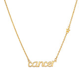 Cancer Nurture Zodiac Script Necklace beautifully crafted in 18k gold plate, symbolizing spiritual jewelry and protection. A meaningful talisman for meditation and manifestation, perfect for yoga enthusiasts. The design features the word 'cancer' and a small star, embodying the essence of zodiac energy.