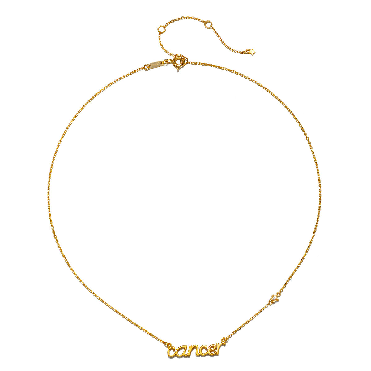 Close-up of the Cancer Nurture Zodiac Script Necklace featuring a gold chain and the word 'cancer'. This elegant piece embodies spiritual jewelry that promotes protection and meaningful manifestation, making it a perfect addition to any yoga or meditation routine.