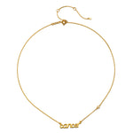 Close-up of the Cancer Nurture Zodiac Script Necklace featuring a gold chain and the word 'cancer'. This elegant piece embodies spiritual jewelry that promotes protection and meaningful manifestation, making it a perfect addition to any yoga or meditation routine.