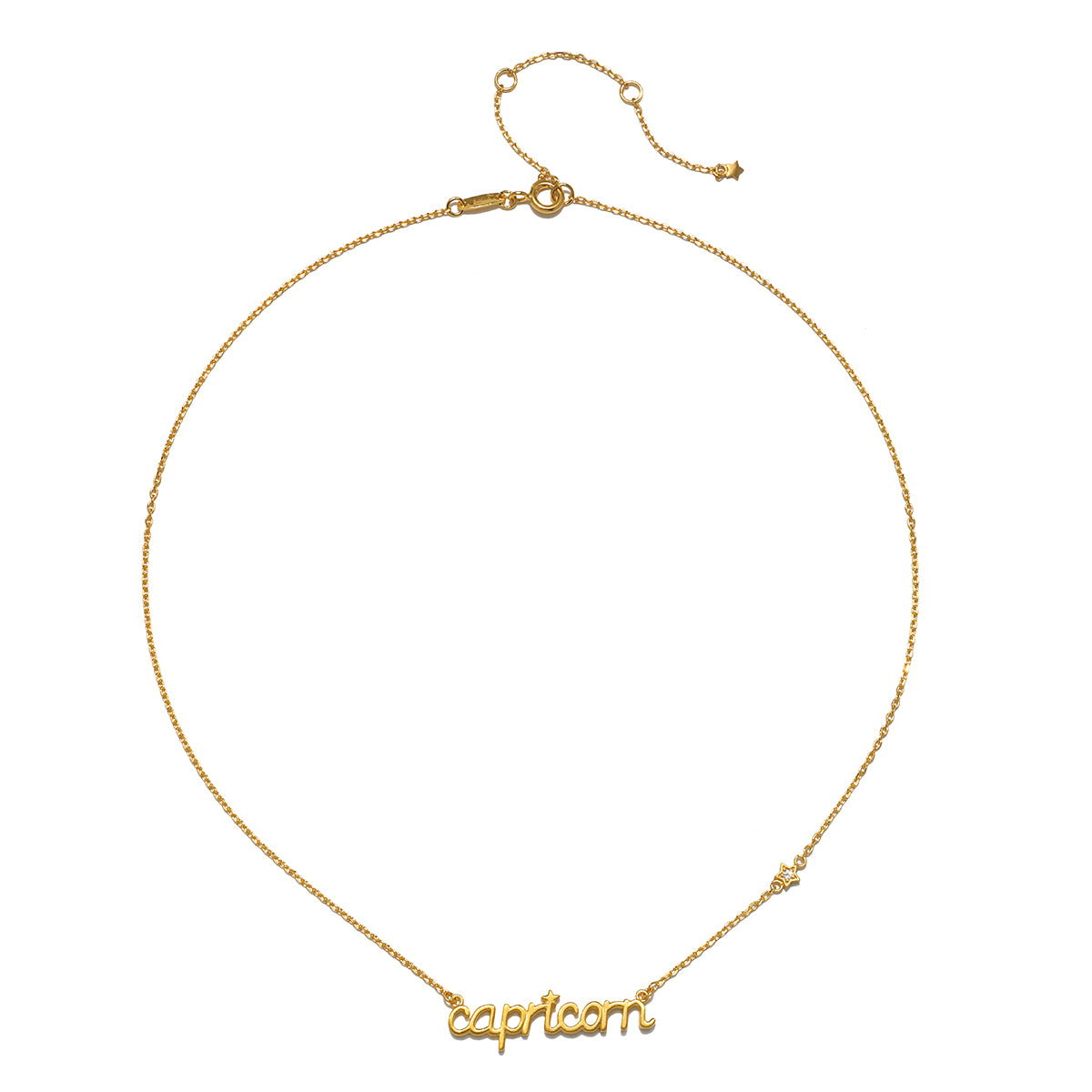 Close-up of the Capricorn Strength Zodiac Script Necklace, highlighting its elegant design. This spiritual jewelry piece represents zodiac energy and serves as a powerful talisman for manifestation, perfect for those who engage in meditation and seek deeper meaning.