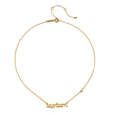 Close-up of the Capricorn Strength Zodiac Script Necklace, highlighting its elegant design. This spiritual jewelry piece represents zodiac energy and serves as a powerful talisman for manifestation, perfect for those who engage in meditation and seek deeper meaning.