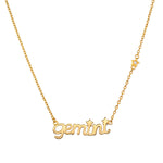 Gemini Expression Zodiac Script Necklace featuring a stylish gold design, symbolizing communication and adaptability in spiritual jewelry, perfect for meditation and manifestation.