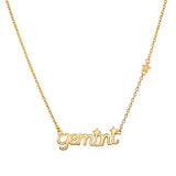 Gemini Expression Zodiac Script Necklace featuring a stylish gold design, symbolizing communication and adaptability in spiritual jewelry, perfect for meditation and manifestation.